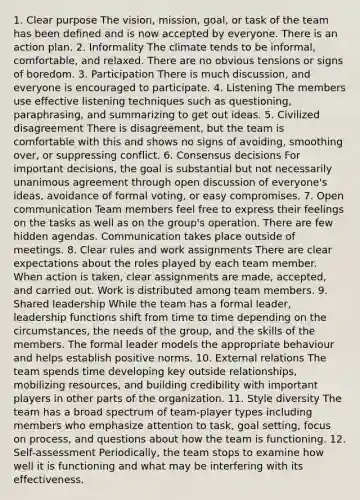 1. Clear purpose The vision, mission, goal, or task of the team has been defined and is now accepted by everyone. There is an action plan. 2. Informality The climate tends to be informal, comfortable, and relaxed. There are no obvious tensions or signs of boredom. 3. Participation There is much discussion, and everyone is encouraged to participate. 4. Listening The members use effective listening techniques such as questioning, paraphrasing, and summarizing to get out ideas. 5. Civilized disagreement There is disagreement, but the team is comfortable with this and shows no signs of avoiding, smoothing over, or suppressing conflict. 6. Consensus decisions For important decisions, the goal is substantial but not necessarily unanimous agreement through open discussion of everyone's ideas, avoidance of formal voting, or easy compromises. 7. Open communication Team members feel free to express their feelings on the tasks as well as on the group's operation. There are few hidden agendas. Communication takes place outside of meetings. 8. Clear rules and work assignments There are clear expectations about the roles played by each team member. When action is taken, clear assignments are made, accepted, and carried out. Work is distributed among team members. 9. Shared leadership While the team has a formal leader, leadership functions shift from time to time depending on the circumstances, the needs of the group, and the skills of the members. The formal leader models the appropriate behaviour and helps establish positive norms. 10. External relations The team spends time developing key outside relationships, mobilizing resources, and building credibility with important players in other parts of the organization. 11. Style diversity The team has a broad spectrum of team-player types including members who emphasize attention to task, goal setting, focus on process, and questions about how the team is functioning. 12. Self-assessment Periodically, the team stops to examine how well it is functioning and what may be interfering with its effectiveness.