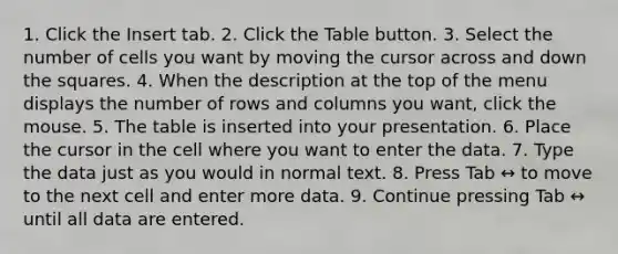 1. Click the Insert tab. 2. Click the Table button. 3. Select the number of cells you want by moving the cursor across and down the squares. 4. When the description at the top of the menu displays the number of rows and columns you want, click the mouse. 5. The table is inserted into your presentation. 6. Place the cursor in the cell where you want to enter the data. 7. Type the data just as you would in normal text. 8. Press Tab ↔ to move to the next cell and enter more data. 9. Continue pressing Tab ↔ until all data are entered.