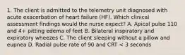 1. The client is admitted to the telemetry unit diagnosed with acute exacerbation of heart failure (HF). Which clinical assessment findings would the nurse expect? A. Apical pulse 110 and 4+ pitting edema of feet B. Bilateral inspiratory and expiratory wheezes C. The client sleeping without a pillow and eupnea D. Radial pulse rate of 90 and CRT < 3 seconds