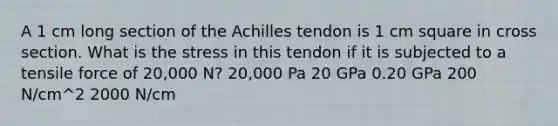 A 1 cm long section of the Achilles tendon is 1 cm square in cross section. What is the stress in this tendon if it is subjected to a tensile force of 20,000 N? 20,000 Pa 20 GPa 0.20 GPa 200 N/cm^2 2000 N/cm