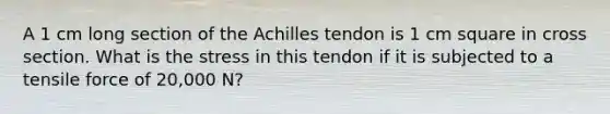 A 1 cm long section of the Achilles tendon is 1 cm square in cross section. What is the stress in this tendon if it is subjected to a tensile force of 20,000 N?