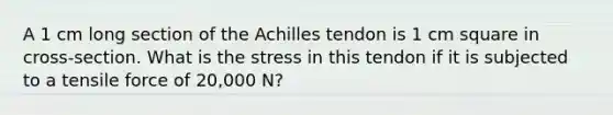 A 1 cm long section of the Achilles tendon is 1 cm square in cross-section. What is the stress in this tendon if it is subjected to a tensile force of 20,000 N?