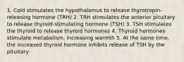 1. Cold stimulates the hypothalamus to release thyrotropin-releasing hormone (TRH) 2. TRH stimulates the anterior pituitary to release thyroid-stimulating hormone (TSH) 3. TSH stimulates the thyroid to release thyroid hormones 4. Thyroid hormones stimulate metabolism, increasing warmth 5. At the same time, the increased thyroid hormone inhibits release of TSH by the pituitary