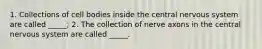 1. Collections of cell bodies inside the central nervous system are called _____; 2. The collection of nerve axons in the central nervous system are called _____.