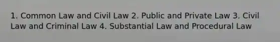 1. Common Law and Civil Law 2. Public and Private Law 3. Civil Law and Criminal Law 4. Substantial Law and Procedural Law