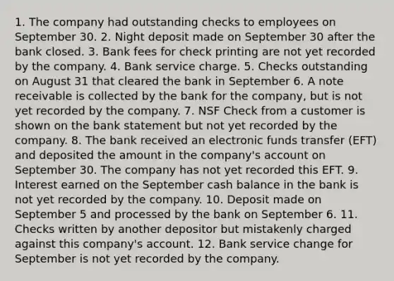 1. The company had outstanding checks to employees on September 30. 2. Night deposit made on September 30 after the bank closed. 3. Bank fees for check printing are not yet recorded by the company. 4. Bank service charge. 5. Checks outstanding on August 31 that cleared the bank in September 6. A note receivable is collected by the bank for the company, but is not yet recorded by the company. 7. NSF Check from a customer is shown on the bank statement but not yet recorded by the company. 8. The bank received an electronic funds transfer (EFT) and deposited the amount in the company's account on September 30. The company has not yet recorded this EFT. 9. Interest earned on the September cash balance in the bank is not yet recorded by the company. 10. Deposit made on September 5 and processed by the bank on September 6. 11. Checks written by another depositor but mistakenly charged against this company's account. 12. Bank service change for September is not yet recorded by the company.