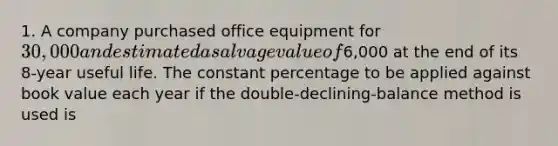 1. A company purchased office equipment for 30,000 and estimated a salvage value of6,000 at the end of its 8-year useful life. The constant percentage to be applied against book value each year if the double-declining-balance method is used is