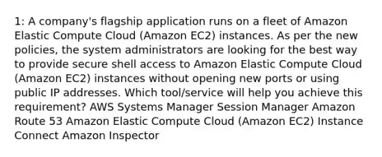 1: A company's flagship application runs on a fleet of Amazon Elastic Compute Cloud (Amazon EC2) instances. As per the new policies, the system administrators are looking for the best way to provide secure shell access to Amazon Elastic Compute Cloud (Amazon EC2) instances without opening new ports or using public IP addresses. Which tool/service will help you achieve this requirement? AWS Systems Manager Session Manager Amazon Route 53 Amazon Elastic Compute Cloud (Amazon EC2) Instance Connect Amazon Inspector