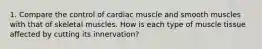 1. Compare the control of cardiac muscle and smooth muscles with that of skeletal muscles. How is each type of muscle tissue affected by cutting its innervation?