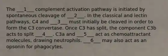 The ___1___ complement activation pathway is initiated by spontaneous cleavage of ___2___. In the classical and lectin pathways, C4 and ___3___ must initially be cleaved in order to form the C3 convertase. Once C3 has split, the component C3b acts to split ___4___. C3a and ___5___ act as chemoattractant molecules, drawing neutrophils. ___6___ may also act as an opsonin for phagocytes.