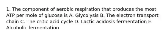 1. The component of aerobic respiration that produces the most ATP per mole of glucose is A. Glycolysis B. The electron transport chain C. The critic acid cycle D. Lactic acidosis fermentation E. Alcoholic fermentation