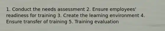 1. Conduct the needs assessment 2. Ensure employees' readiness for training 3. Create the learning environment 4. Ensure transfer of training 5. Training evaluation