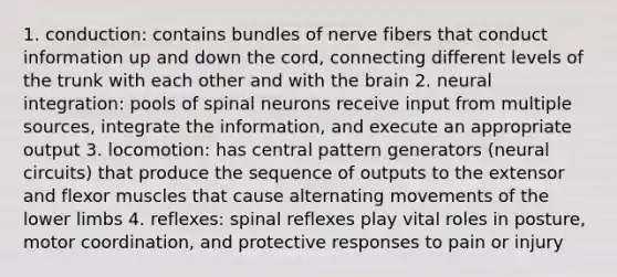 1. conduction: contains bundles of nerve fibers that conduct information up and down the cord, connecting different levels of the trunk with each other and with <a href='https://www.questionai.com/knowledge/kLMtJeqKp6-the-brain' class='anchor-knowledge'>the brain</a> 2. neural integration: pools of spinal neurons receive input from multiple sources, integrate the information, and execute an appropriate output 3. locomotion: has central pattern generators (neural circuits) that produce the sequence of outputs to the extensor and flexor muscles that cause alternating movements of the <a href='https://www.questionai.com/knowledge/kF4ILRdZqC-lower-limb' class='anchor-knowledge'>lower limb</a>s 4. reflexes: spinal reflexes play vital roles in posture, motor coordination, and protective responses to pain or injury