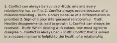 1. Conflict can always be avoided -Truth: any and every relationship has conflict 2. Conflict always occurs because of a misunderstanding - Truth: Occurs because of a differentiation in priorities 3. Sign of a poor interpersonal relationship - Truth: Healthy disagreements lead to growth 4. Conflict can always be resolved - Truth: When dealing with values, one must agree to disagree 5. Conflict is always bad - Truth: Conflict that is solved in a mature manner is helpful to the health of a relationship