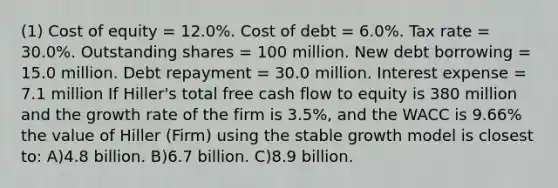 (1) <a href='https://www.questionai.com/knowledge/kAEBYmts3x-cost-of-equity' class='anchor-knowledge'>cost of equity</a> = 12.0%. Cost of debt = 6.0%. Tax rate = 30.0%. Outstanding shares = 100 million. New debt borrowing = 15.0 million. Debt repayment = 30.0 million. Interest expense = 7.1 million If Hiller's total free <a href='https://www.questionai.com/knowledge/kXoqoBRFeQ-cash-flow' class='anchor-knowledge'>cash flow</a> to equity is 380 million and the <a href='https://www.questionai.com/knowledge/kNnhZBQUgC-growth-rate' class='anchor-knowledge'>growth rate</a> of the firm is 3.5%, and the WACC is 9.66% the value of Hiller (Firm) using the stable growth model is closest to: A)4.8 billion. B)6.7 billion. C)8.9 billion.