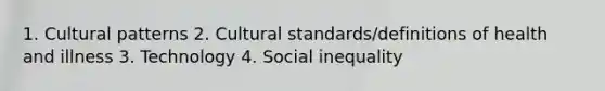 1. Cultural patterns 2. Cultural standards/definitions of health and illness 3. Technology 4. Social inequality