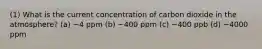 (1) What is the current concentration of carbon dioxide in the atmosphere? (a) ~4 ppm (b) ~400 ppm (c) ~400 ppb (d) ~4000 ppm