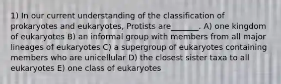 1) In our current understanding of the classification of prokaryotes and eukaryotes, Protists are_______. A) one kingdom of eukaryotes B) an informal group with members from all major lineages of eukaryotes C) a supergroup of eukaryotes containing members who are unicellular D) the closest sister taxa to all eukaryotes E) one class of eukaryotes