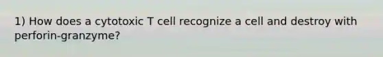 1) How does a cytotoxic T cell recognize a cell and destroy with perforin-granzyme?