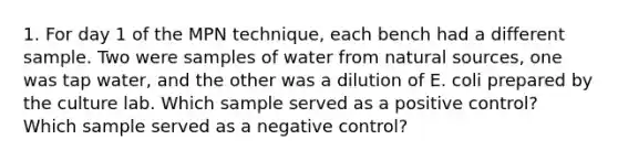 1. For day 1 of the MPN technique, each bench had a different sample. Two were samples of water from natural sources, one was tap water, and the other was a dilution of E. coli prepared by the culture lab. Which sample served as a positive control? Which sample served as a negative control?