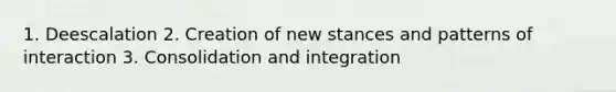 1. Deescalation 2. Creation of new stances and patterns of interaction 3. Consolidation and integration