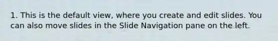 1. This is the default view, where you create and edit slides. You can also move slides in the Slide Navigation pane on the left.