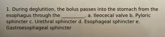 1. During deglutition, the bolus passes into the stomach from the esophagus through the __________. a. Ileocecal valve b. Pyloric sphincter c. Urethral sphincter d. Esophageal sphincter e. Gastroesophageal sphincter