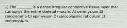 1) The ________ is a dense irregular connective tissue layer that surrounds the entire skeletal muscle. A) perimysium B) sarcolemma C) epimysium D) sarcoplasmic reticulum E) endomysium