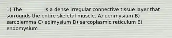 1) The ________ is a dense irregular <a href='https://www.questionai.com/knowledge/kYDr0DHyc8-connective-tissue' class='anchor-knowledge'>connective tissue</a> layer that surrounds the entire skeletal muscle. A) perimysium B) sarcolemma C) epimysium D) sarcoplasmic reticulum E) endomysium