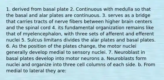 1. derived from basal plate 2. Continuous with medulla so that the basal and alar plates are continuous. 3. serves as a bridge that carries tracts of nerve fibers between higher brain centers and the spinal cord 4. its fundamental organization remains like that of myelencephalon, with three sets of afferent and efferent nuclei 5. Sulcus limitans divides the alar plates and basal plates. 6. As the position of the plates change, the motor nuclei generally develop medial to sensory nuclei. 7. Neuroblast in basal plates develop into motor neurons a. Neuroblasts form nuclei and organize into three cell columns of each side. b. From medial to lateral they are: