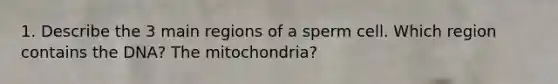 1. Describe the 3 main regions of a sperm cell. Which region contains the DNA? The mitochondria?