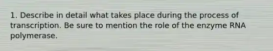 1. Describe in detail what takes place during the process of transcription. Be sure to mention the role of the enzyme RNA polymerase.