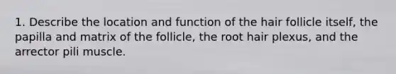 1. Describe the location and function of the hair follicle itself, the papilla and matrix of the follicle, the root hair plexus, and the arrector pili muscle.