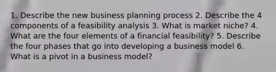 1. Describe the new business planning process 2. Describe the 4 components of a feasibility analysis 3. What is market niche? 4. What are the four elements of a financial feasibility? 5. Describe the four phases that go into developing a business model 6. What is a pivot in a business model?