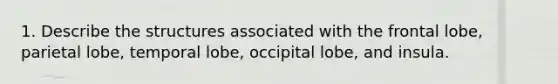 1. Describe the structures associated with the frontal lobe, parietal lobe, temporal lobe, occipital lobe, and insula.