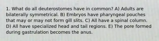 1. What do all deuterostomes have in common? A) Adults are bilaterally symmetrical. B) Embryos have pharyngeal pouches that may or may not form gill slits. C) All have a spinal column. D) All have specialized head and tail regions. E) The pore formed during gastrulation becomes the anus.