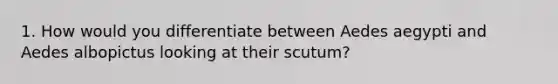 1. How would you differentiate between Aedes aegypti and Aedes albopictus looking at their scutum?