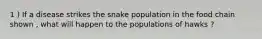 1 ) If a disease strikes the snake population in the food chain shown , what will happen to the populations of hawks ?