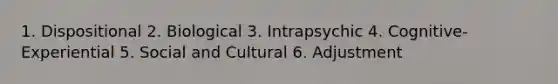 1. Dispositional 2. Biological 3. Intrapsychic 4. Cognitive-Experiential 5. Social and Cultural 6. Adjustment