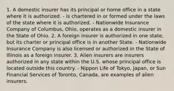 1. A domestic insurer has its principal or home office in a state where it is authorized. - is chartered in or formed under the laws of the state where it is authorized. - Nationwide Insurance Company of Columbus, Ohio, operates as a domestic insurer in the State of Ohio. 2. A foreign insurer is authorized in one state, but its charter or principal office is in another State. - Nationwide Insurance Company is also licensed or authorized in the State of Illinois as a foreign insurer. 3. Alien insurers are insurers authorized in any state within the U.S. whose principal office is located outside this country. - Nippon Life of Tokyo, Japan, or Sun Financial Services of Toronto, Canada, are examples of alien insurers.