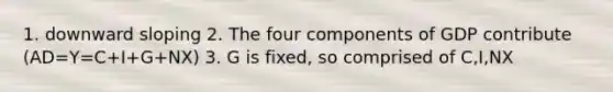 1. downward sloping 2. The four components of GDP contribute (AD=Y=C+I+G+NX) 3. G is fixed, so comprised of C,I,NX