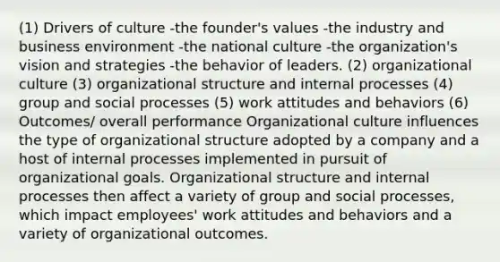 (1) Drivers of culture -the founder's values -the industry and business environment -the national culture -the organization's vision and strategies -the behavior of leaders. (2) organizational culture (3) organizational structure and internal processes (4) group and social processes (5) work attitudes and behaviors (6) Outcomes/ overall performance Organizational culture influences the type of organizational structure adopted by a company and a host of internal processes implemented in pursuit of organizational goals. Organizational structure and internal processes then affect a variety of group and social processes, which impact employees' work attitudes and behaviors and a variety of organizational outcomes.