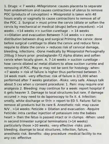 1. Drugs: must prime the cervix (dilate or soften the cervix by mechanical or medical (drugs) before procedure): >14 weeks - > suction curettage - > 14 weeks >>Dilation and evacuation Between 7-14 weeks >> even distribution between drug and surgical Priming the cervix: done before surgical curettage to dilate the cervix and reduce force requrie to dilate the cervix > reduces risk of cervical damage, bleeding, infections. -Done medically by Misoprostol Perivaginally 200ug 3 hours prior: prostaglandin F2 Alpha dilates and soften cervix when locally given. A. 7-14 weeks > suction curettage -how: cervix dilated w/ metal dilators to allow suction currete and removing of POC. May or may not be sent for histology -when: risk of failure is higher thus performed between 7-14 week mark. -very effective: risk of failure is 2/1,000 when performed after 7 weeks gestation. -Risks: very safe. Always talk about 5 cxs when u consent procedure: 1. Pain: may require oral analgesia 2. Bleeding: may continue for a week: report hospital if it gets heavier 3. Damage to local structures but rare. if damage occured > may need to do laporoscopy to fix it. 4. Infection: smelly, white discharge or f/r/n > report to ED 5. Failure: fail to remove all products but its rare 6. Anesthetic risk: may cause N/V . >14 weeks: Feticide + Dilation and evacuation: -Require Feticide: intra cardiac injection of potassium into the babies heart > then the fetus is passed intact or in clumps. -When: used in second trimester surgical terminations (>14 weeks) particularly those >20 weeks. -very effective -risks: pain, bleeding, daamge to local structures, infection, failure, anesthetic risk. Benefits: -day procedure -medical facility to mx any cxs -effective