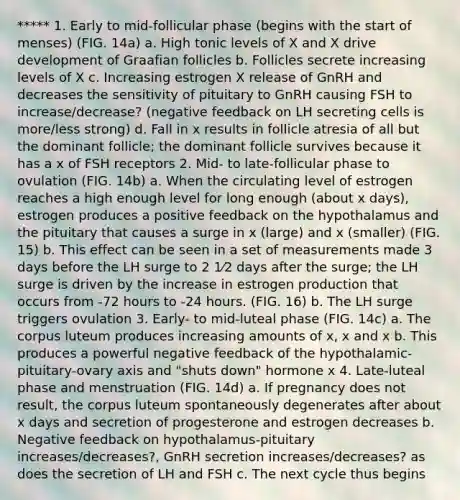 ***** 1. Early to mid-follicular phase (begins with the start of menses) (FIG. 14a) a. High tonic levels of X and X drive development of Graafian follicles b. Follicles secrete increasing levels of X c. Increasing estrogen X release of GnRH and decreases the sensitivity of pituitary to GnRH causing FSH to increase/decrease? (negative feedback on LH secreting cells is more/less strong) d. Fall in x results in follicle atresia of all but the dominant follicle; the dominant follicle survives because it has a x of FSH receptors 2. Mid- to late-follicular phase to ovulation (FIG. 14b) a. When the circulating level of estrogen reaches a high enough level for long enough (about x days), estrogen produces a positive feedback on the hypothalamus and the pituitary that causes a surge in x (large) and x (smaller) (FIG. 15) b. This effect can be seen in a set of measurements made 3 days before the LH surge to 2 1⁄2 days after the surge; the LH surge is driven by the increase in estrogen production that occurs from -72 hours to -24 hours. (FIG. 16) b. The LH surge triggers ovulation 3. Early- to mid-luteal phase (FIG. 14c) a. The corpus luteum produces increasing amounts of x, x and x b. This produces a powerful negative feedback of the hypothalamic-pituitary-ovary axis and "shuts down" hormone x 4. Late-luteal phase and menstruation (FIG. 14d) a. If pregnancy does not result, the corpus luteum spontaneously degenerates after about x days and secretion of progesterone and estrogen decreases b. Negative feedback on hypothalamus-pituitary increases/decreases?, GnRH secretion increases/decreases? as does the secretion of LH and FSH c. The next cycle thus begins