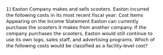 1) Easton Company makes and sells scooters. Easton incurred the following costs in its most recent fiscal year: Cost Items Appearing on the Income Statement Easton can currently purchase the scooters it makes from another company. If the company purchases the scooters, Easton would still continue to use its own logo, sales staff, and advertising programs. Which of the following costs would be classified as a facility-level cost?