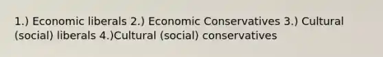 1.) Economic liberals 2.) Economic Conservatives 3.) Cultural (social) liberals 4.)Cultural (social) conservatives