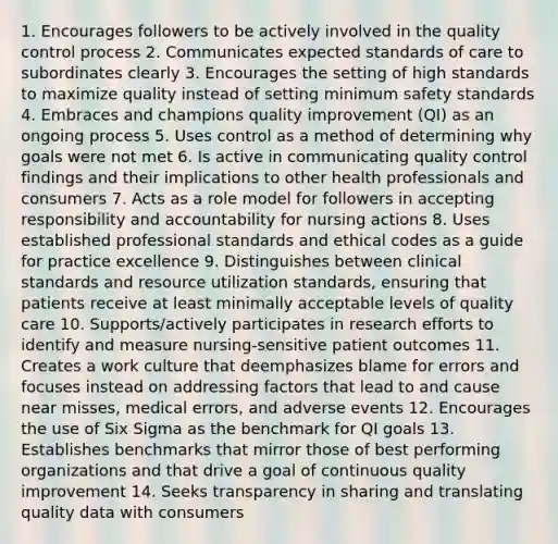 1. Encourages followers to be actively involved in the quality control process 2. Communicates expected standards of care to subordinates clearly 3. Encourages the setting of high standards to maximize quality instead of setting minimum safety standards 4. Embraces and champions quality improvement (QI) as an ongoing process 5. Uses control as a method of determining why goals were not met 6. Is active in communicating quality control findings and their implications to other health professionals and consumers 7. Acts as a role model for followers in accepting responsibility and accountability for nursing actions 8. Uses established professional standards and ethical codes as a guide for practice excellence 9. Distinguishes between clinical standards and resource utilization standards, ensuring that patients receive at least minimally acceptable levels of quality care 10. Supports/actively participates in research efforts to identify and measure nursing-sensitive patient outcomes 11. Creates a work culture that deemphasizes blame for errors and focuses instead on addressing factors that lead to and cause near misses, medical errors, and adverse events 12. Encourages the use of Six Sigma as the benchmark for QI goals 13. Establishes benchmarks that mirror those of best performing organizations and that drive a goal of continuous quality improvement 14. Seeks transparency in sharing and translating quality data with consumers