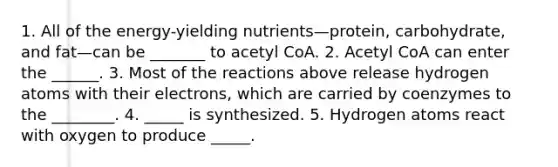 1. All of the energy-yielding nutrients—protein, carbohydrate, and fat—can be _______ to acetyl CoA. 2. Acetyl CoA can enter the ______. 3. Most of the reactions above release hydrogen atoms with their electrons, which are carried by coenzymes to the ________. 4. _____ is synthesized. 5. Hydrogen atoms react with oxygen to produce _____.