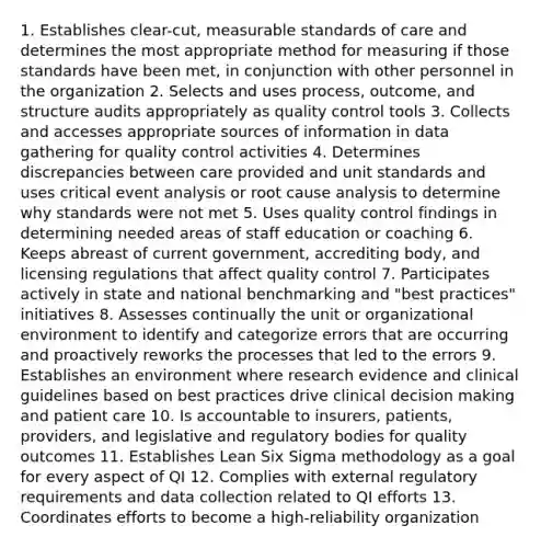 1. Establishes clear-cut, measurable standards of care and determines the most appropriate method for measuring if those standards have been met, in conjunction with other personnel in the organization 2. Selects and uses process, outcome, and structure audits appropriately as quality control tools 3. Collects and accesses appropriate sources of information in data gathering for quality control activities 4. Determines discrepancies between care provided and unit standards and uses critical event analysis or root cause analysis to determine why standards were not met 5. Uses quality control findings in determining needed areas of staff education or coaching 6. Keeps abreast of current government, accrediting body, and licensing regulations that affect quality control 7. Participates actively in state and national benchmarking and "best practices" initiatives 8. Assesses continually the unit or organizational environment to identify and categorize errors that are occurring and proactively reworks the processes that led to the errors 9. Establishes an environment where research evidence and clinical guidelines based on best practices drive clinical decision making and patient care 10. Is accountable to insurers, patients, providers, and legislative and regulatory bodies for quality outcomes 11. Establishes Lean Six Sigma methodology as a goal for every aspect of QI 12. Complies with external regulatory requirements and data collection related to QI efforts 13. Coordinates efforts to become a high-reliability organization