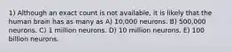 1) Although an exact count is not available, it is likely that the human brain has as many as A) 10,000 neurons. B) 500,000 neurons. C) 1 million neurons. D) 10 million neurons. E) 100 billion neurons.